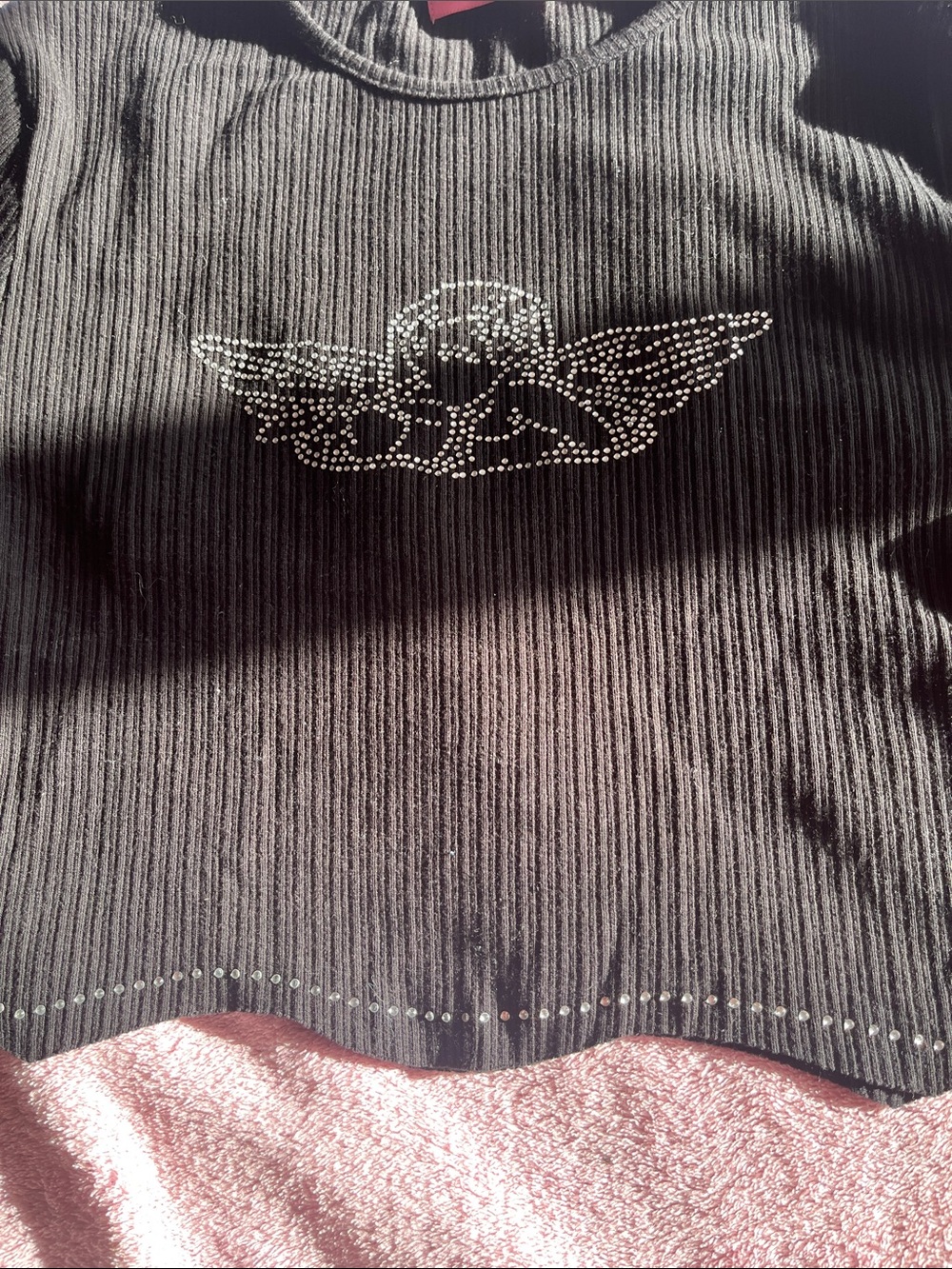 Edikted Black Ribbed Tee with Rhinestone Wing Emblem - Picture 3 of 4
